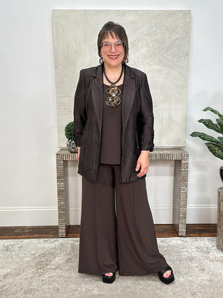 Pleated Satin Open Blazer, Mocha