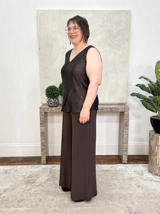 Pleated Satin Flared V-Neck Tank Top, Mocha