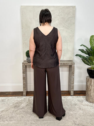 Pleated Satin Flared V-Neck Tank Top, Mocha