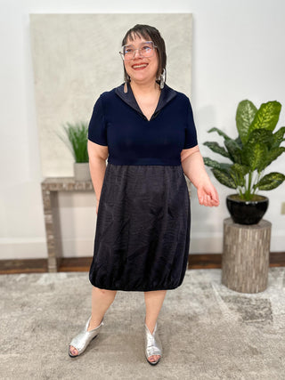 Pleated Satin & Silky Knit Cocoon Dress, Midnight Blue