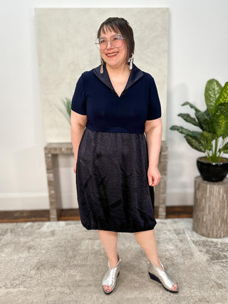 Pleated Satin & Silky Knit Cocoon Dress, Midnight Blue