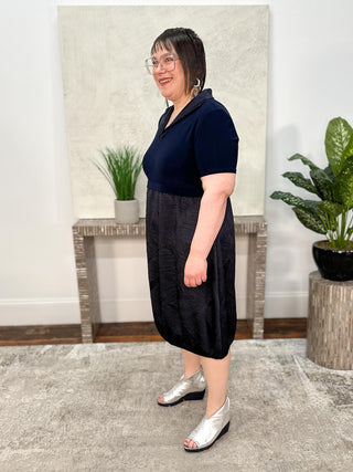 Pleated Satin & Silky Knit Cocoon Dress, Midnight Blue