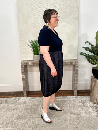 Pleated Satin & Silky Knit Cocoon Dress, Midnight Blue