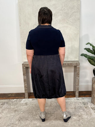 Pleated Satin & Silky Knit Cocoon Dress, Midnight Blue