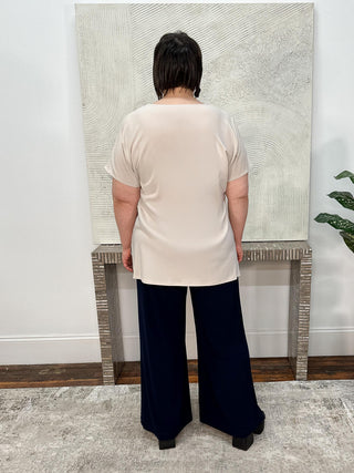 Pleated Satin & Silky Knit V-Neck Top, Moonstone