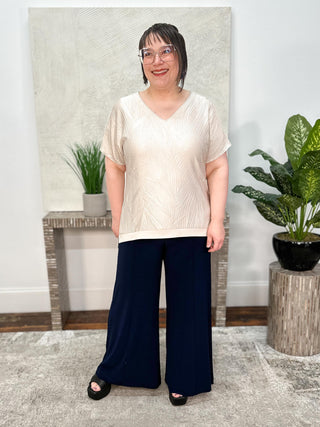 Pleated Satin & Silky Knit V-Neck Top, Moonstone