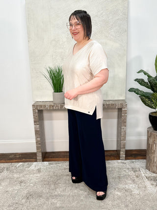 Pleated Satin & Silky Knit V-Neck Top, Moonstone