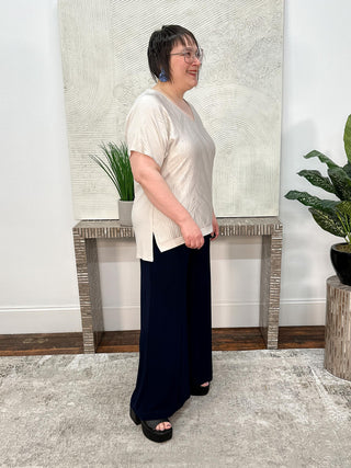 Pleated Satin & Silky Knit V-Neck Top, Moonstone