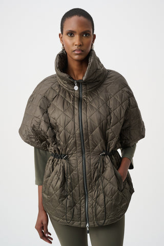 Quilted Nylon Shawl-Neck Boxy Vest, Avocado