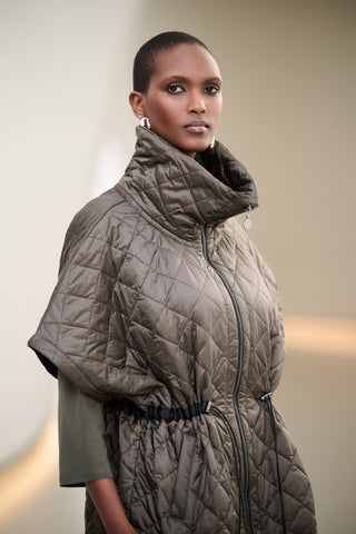 Quilted Nylon Shawl-Neck Boxy Vest, Avocado