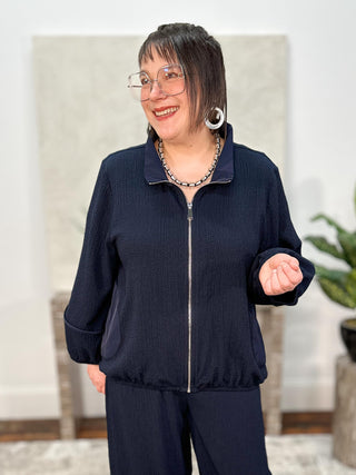 Seersucker & Memory Bomber Jacket, Midnight Blue