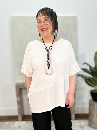 Seersucker And Silky Knit Asymmetrical Top, Vanilla