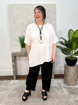 Seersucker And Silky Knit Asymmetrical Top, Vanilla