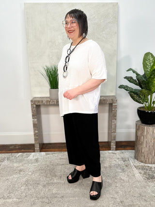 Seersucker And Silky Knit Asymmetrical Top, Vanilla