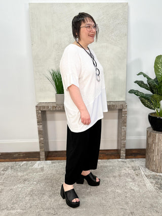 Seersucker And Silky Knit Asymmetrical Top, Vanilla