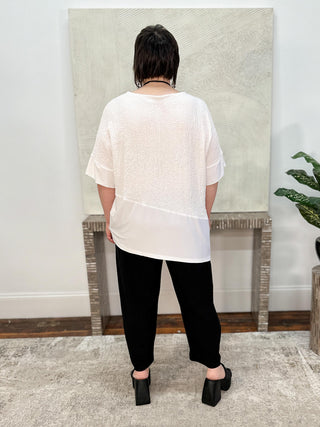 Seersucker And Silky Knit Asymmetrical Top, Vanilla