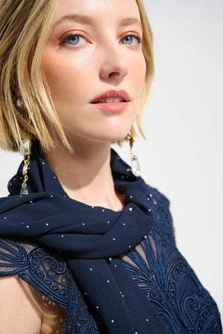 Signature | Chiffon Rectangular Scarf With Rhinestones and Pearls, Midnight Blue