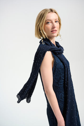 Signature | Chiffon Rectangular Scarf With Rhinestones and Pearls, Midnight Blue