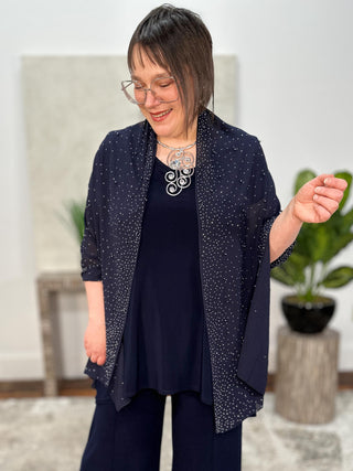 Signature | Chiffon Rectangular Scarf With Rhinestones and Pearls, Midnight Blue