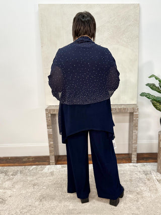 Signature | Chiffon Rectangular Scarf With Rhinestones and Pearls, Midnight Blue