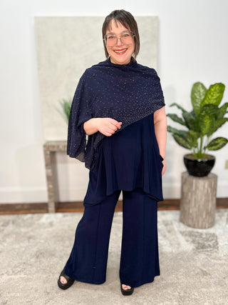 Signature | Chiffon Rectangular Scarf With Rhinestones and Pearls, Midnight Blue