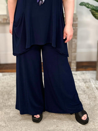 Silky Knit Pull-On Wide-Leg Pants, Midnight Blue