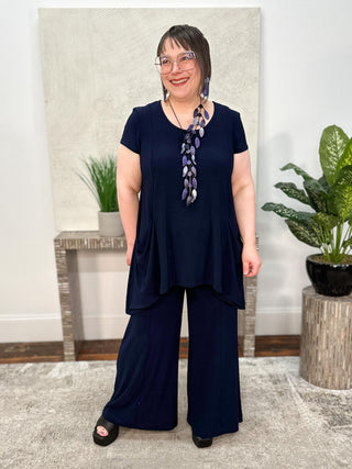 Silky Knit Tunic With Handkerchief Hem, Midnight Blue