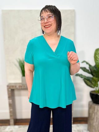 Silky Knit V-Neck Flared Top, Oceanic