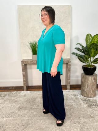Silky Knit V-Neck Flared Top, Oceanic