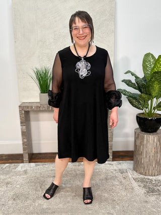 Silky Knit and Mesh A-Line Dress With Ruffled Trim, Black Silky Knit and Mesh A-Line Dress With Ruffled Trim, Black