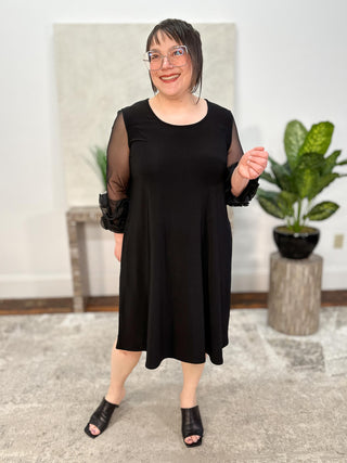 Silky Knit and Mesh A-Line Dress With Ruffled Trim, Black