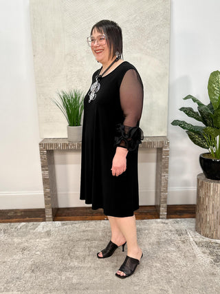 Silky Knit and Mesh A-Line Dress With Ruffled Trim, Black