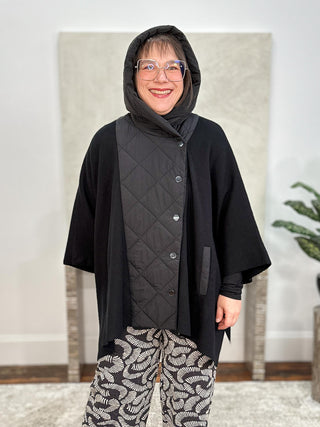 Sweater Knit Quilted Poncho Jacket, Black