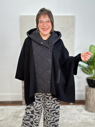 Sweater Knit Quilted Poncho Jacket, Black