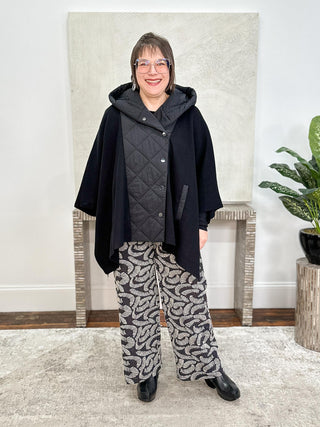Sweater Knit Quilted Poncho Jacket, Black