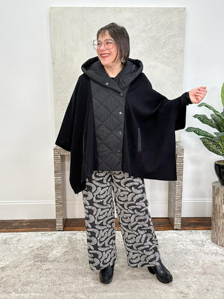 Sweater Knit Quilted Poncho Jacket, Black