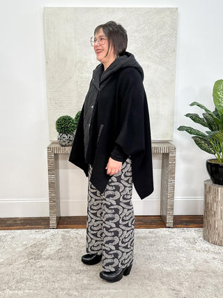 Sweater Knit Quilted Poncho Jacket, Black