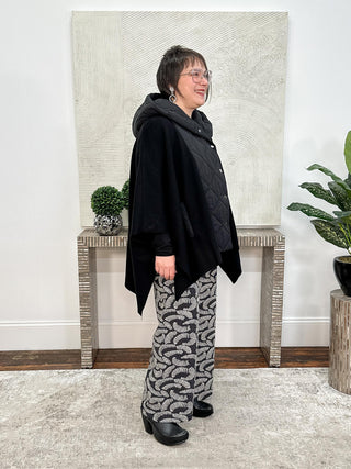 Sweater Knit Quilted Poncho Jacket, Black