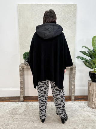 Sweater Knit Quilted Poncho Jacket, Black