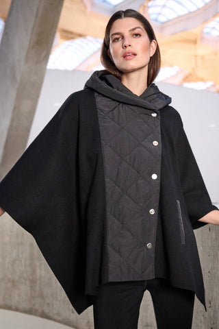 Sweater Knit Quilted Poncho Jacket, Black