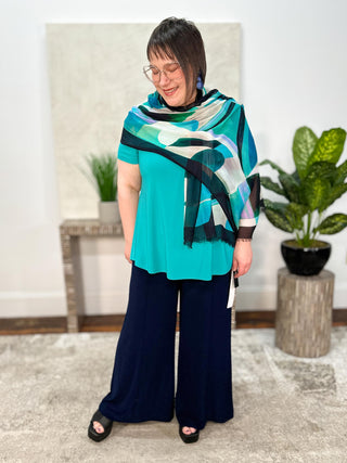 Silky Knit V-Neck Flared Top, Oceanic