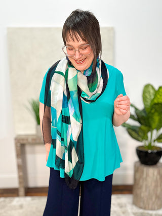 Viscose Geometric Print Scarf, Green/Multi