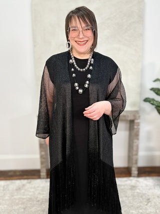 Joseph Ribkoff Woven Open Stitch Draped Cover-Up With Fringe, Black - Statement Boutique