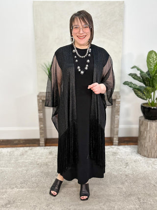 Joseph Ribkoff Woven Open Stitch Draped Cover-Up With Fringe, Black - Statement Boutique