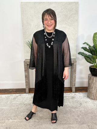 Joseph Ribkoff Woven Open Stitch Draped Cover-Up With Fringe, Black - Statement Boutique