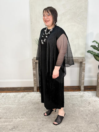 Joseph Ribkoff Woven Open Stitch Draped Cover-Up With Fringe, Black - Statement Boutique