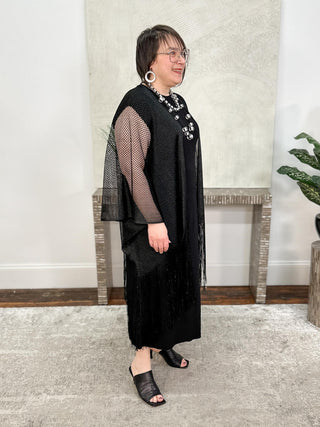 Joseph Ribkoff Woven Open Stitch Draped Cover-Up With Fringe, Black - Statement Boutique