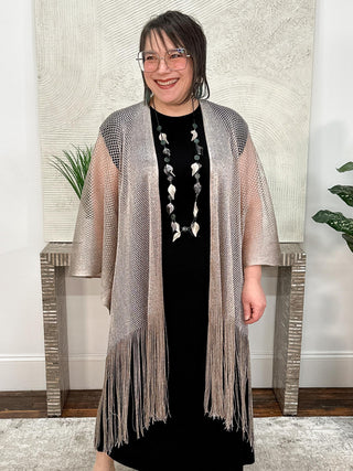 Joseph Ribkoff Woven Open Stitch Draped Cover-Up With Fringe, Moonstone - Statement Boutique