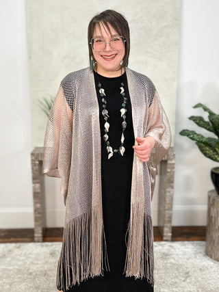 Joseph Ribkoff Woven Open Stitch Draped Cover-Up With Fringe, Moonstone - Statement Boutique