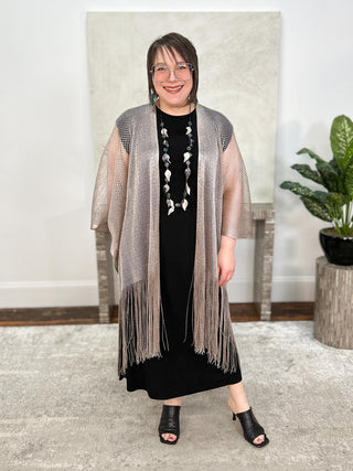 Joseph Ribkoff Woven Open Stitch Draped Cover-Up With Fringe, Moonstone - Statement Boutique